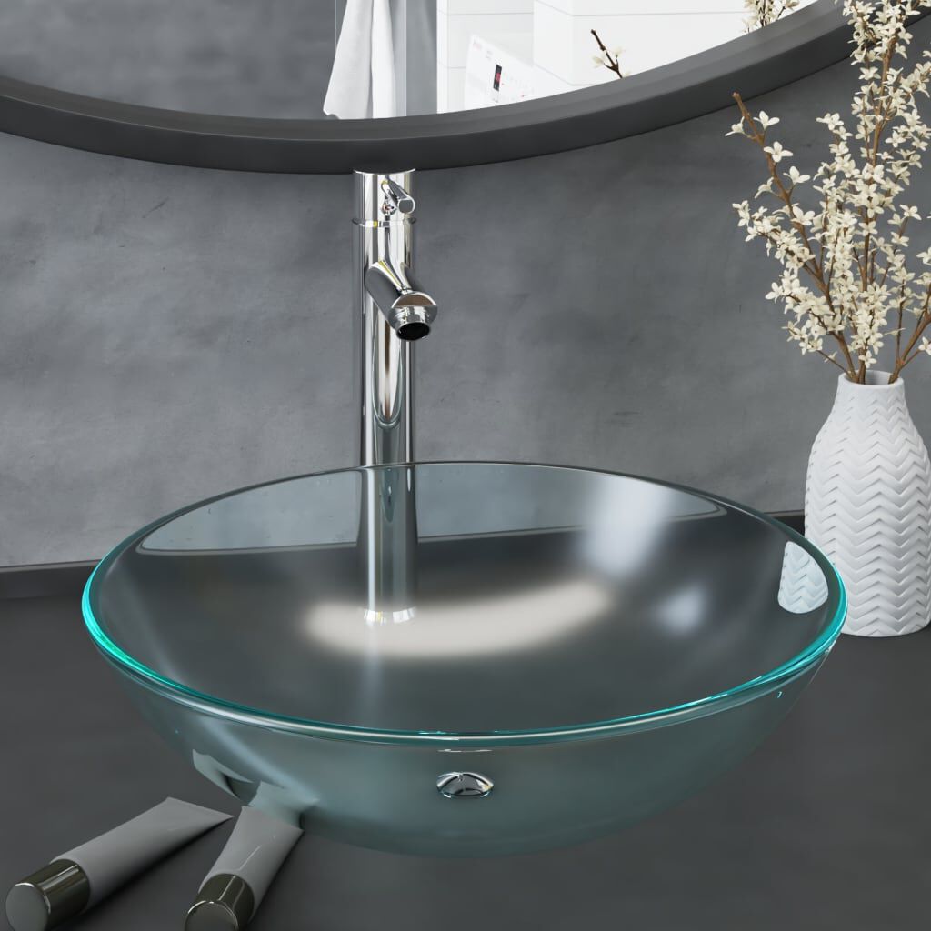 vidaXL Lavabo baño grifo&desagüe de empuje vidrio templado esmerilado