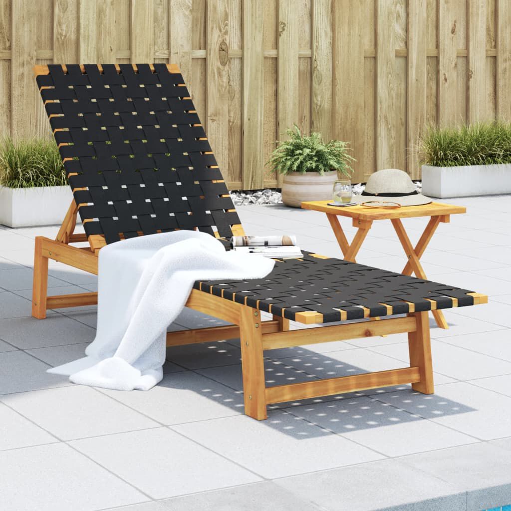 vidaXL Tumbona con mesa madera maciza de acacia y tela negra